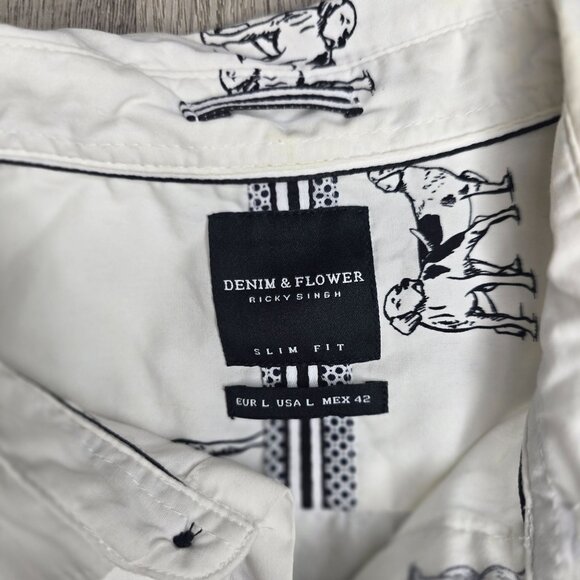 Denim & Flower Nicky Slim Fit Short Sleeve Button-Up Shirt L Dog Print White - Picture 4 of 5